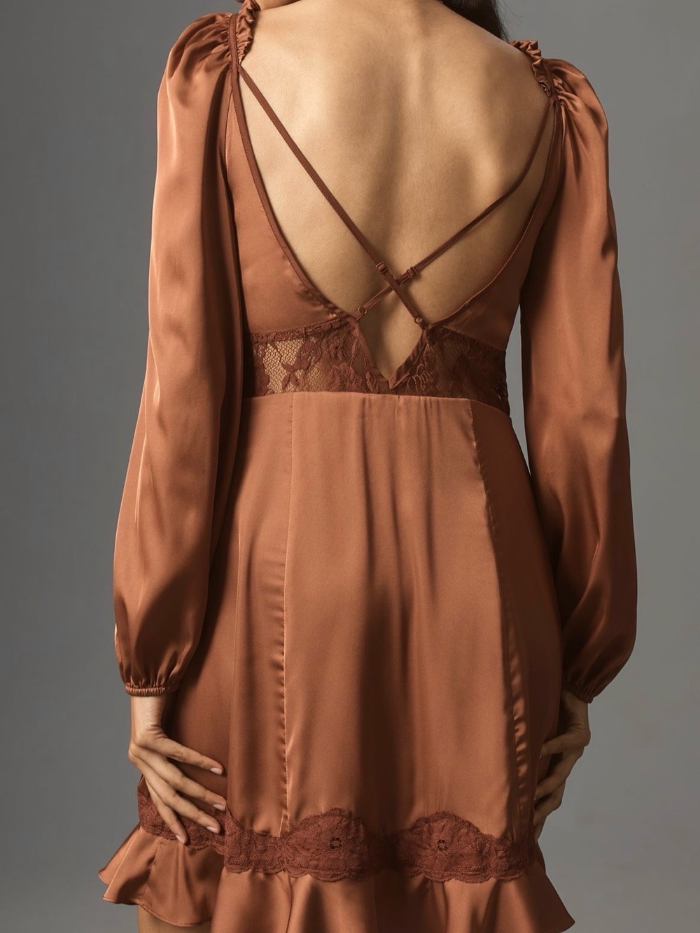Anthropologie- Satin Lace Trim Dress - Brown - Picture 2 of 5